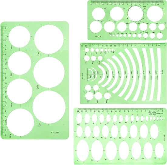 Set di linee circolari e ovali premium per disegni geometrici - Scuola, ufficio e edifici - 4 pezzi - Verde trasparente