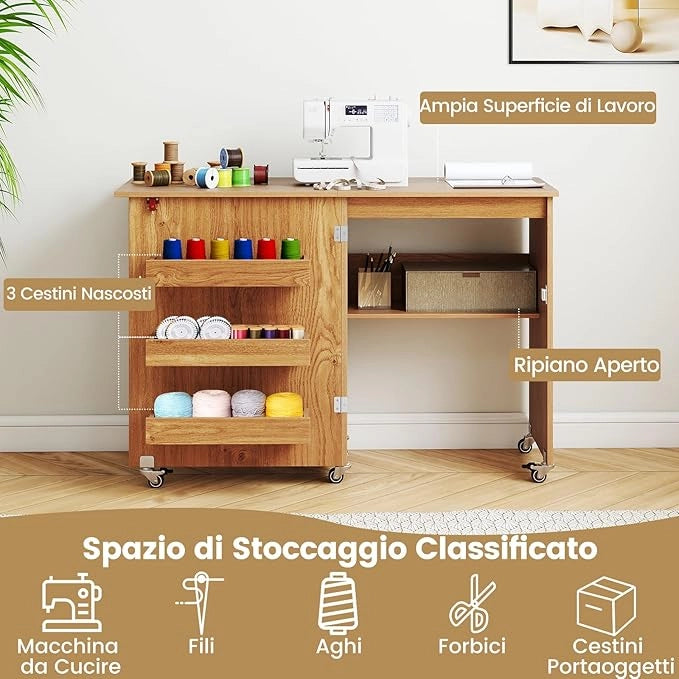 Tavolo da Cucito Pieghevole, Mobile per Macchina da Cucire con Ripiano Portaoggetti, 3 Scomparti Nascosti e Ruote Bloccabili, Mobile Multiuso per Piccoli Spazi (Legno, 118,5 x 40 x 79,5 cm)