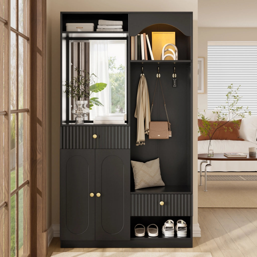 Mobile da ingresso con specchio, panca, appendiabiti, 2 ante, cassetti e LED regolabili, nero, 100 × 35 × 180 cm