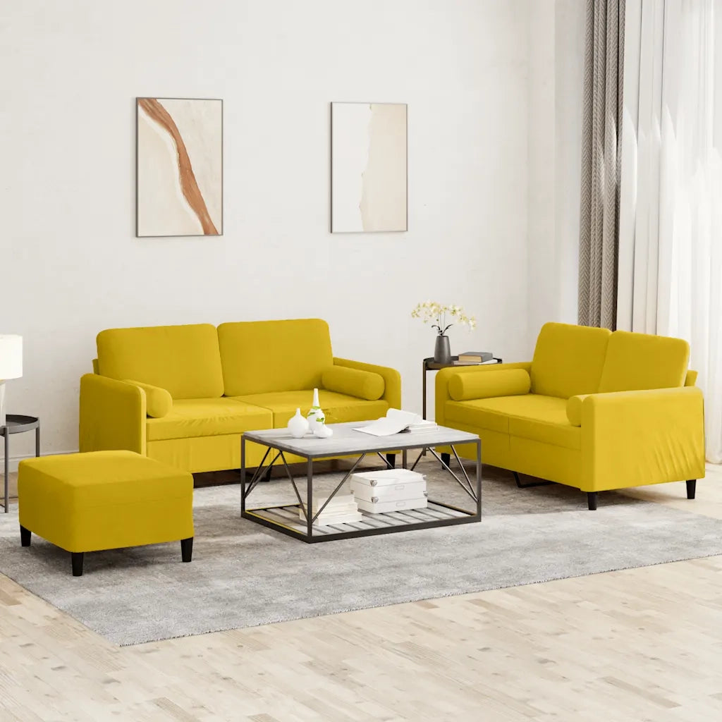 Set di Divani 3 pz con Cuscini Giallo in Velluto