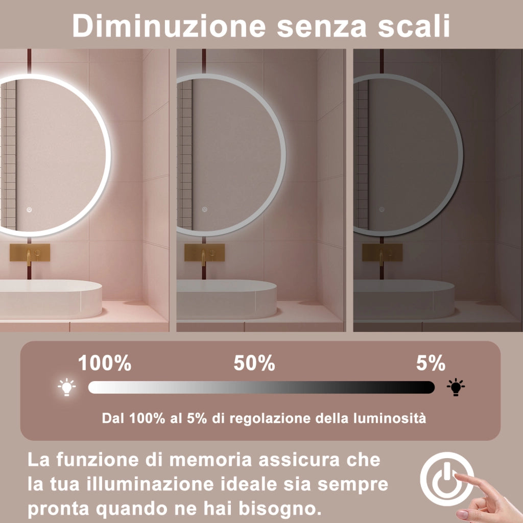 AICA Specchio da bagno 60 x 60 cm, antiappannamento, dimmerabile, interruttore touch, Funzione Memoria