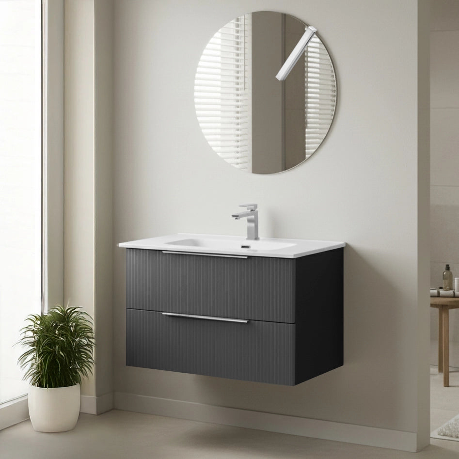Mobile bagno sospeso 80 cm bicolore grigio cannettato e nero con lavabo  e specchio Zena