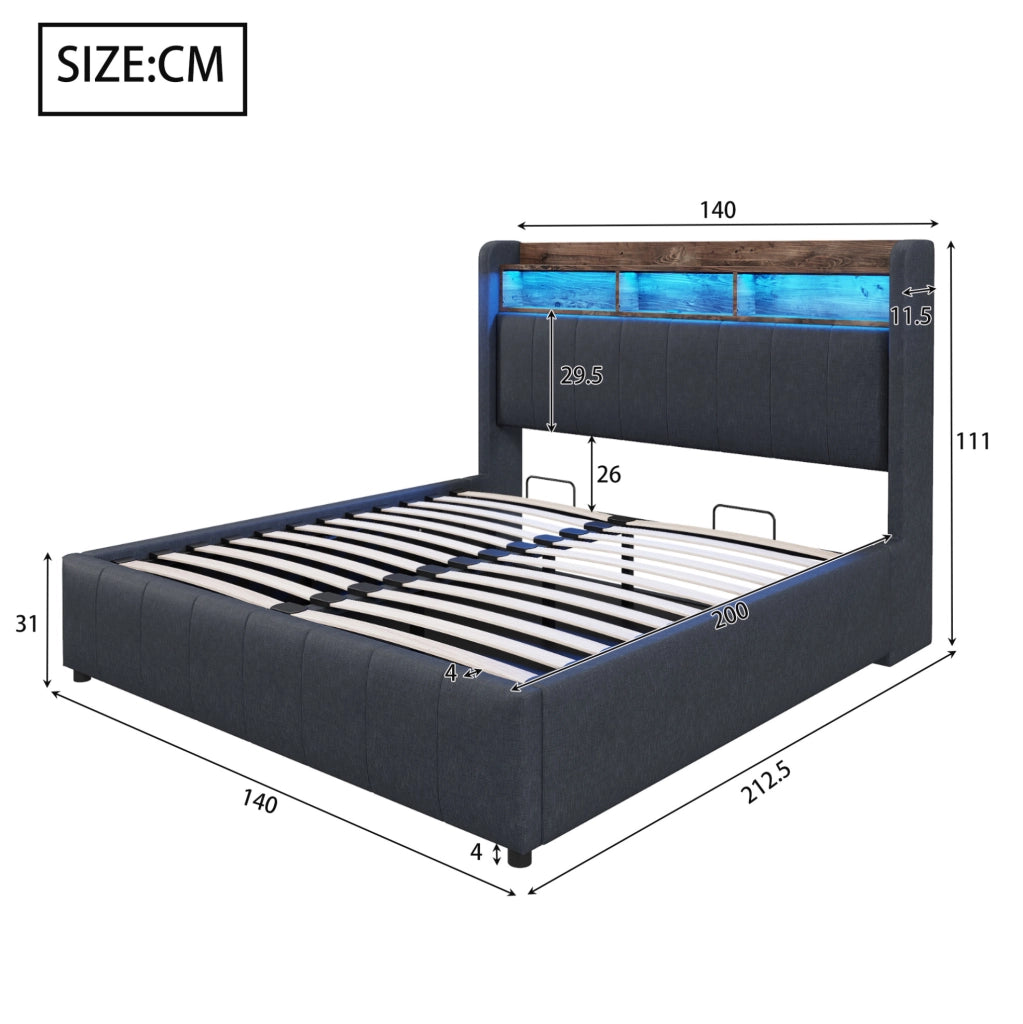 Letto imbottito 140x200 cm con LED, USB e contenitore idraulico