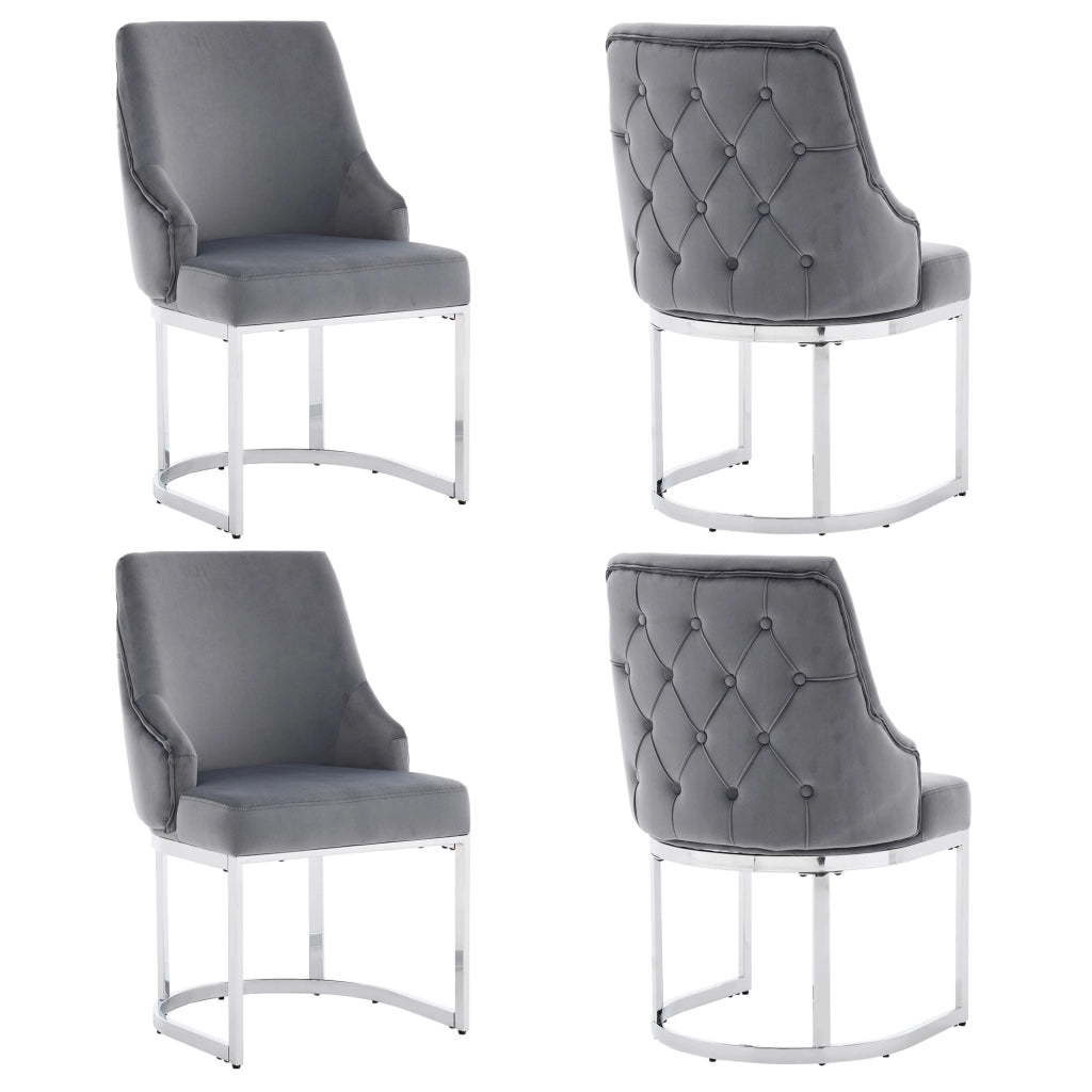 2 sedie da pranzo in velluto con schienale trapuntato 3D e gambe metalliche galvanizzate moderne grigio argento