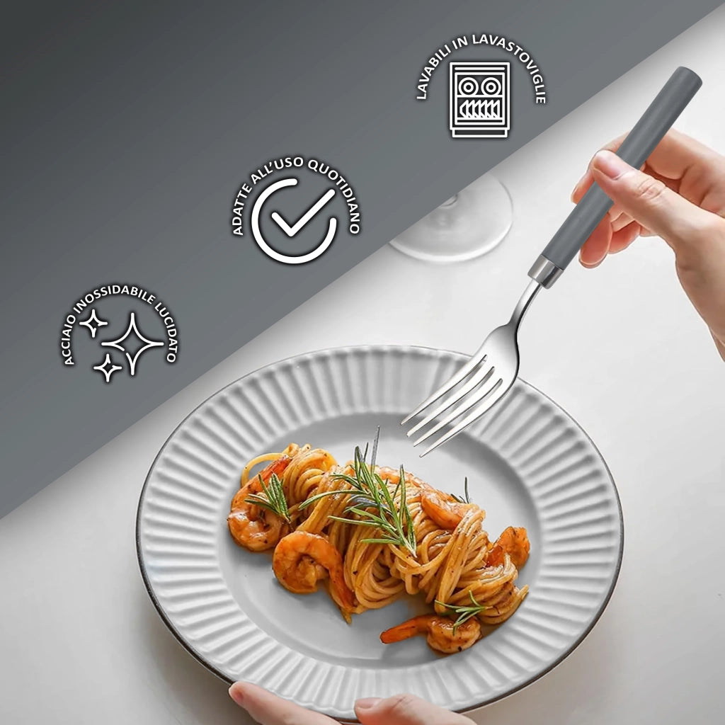 Servizio 24 Pezzi Posate Tavola Acciaio Inox Manici Colorati Tinta Unita Colori Moderni 6x Forchetta Coltello Cucchiaio Cucchiaino Lavabili Lavastoviglie Certificate Contatto Alimenti - Grigio