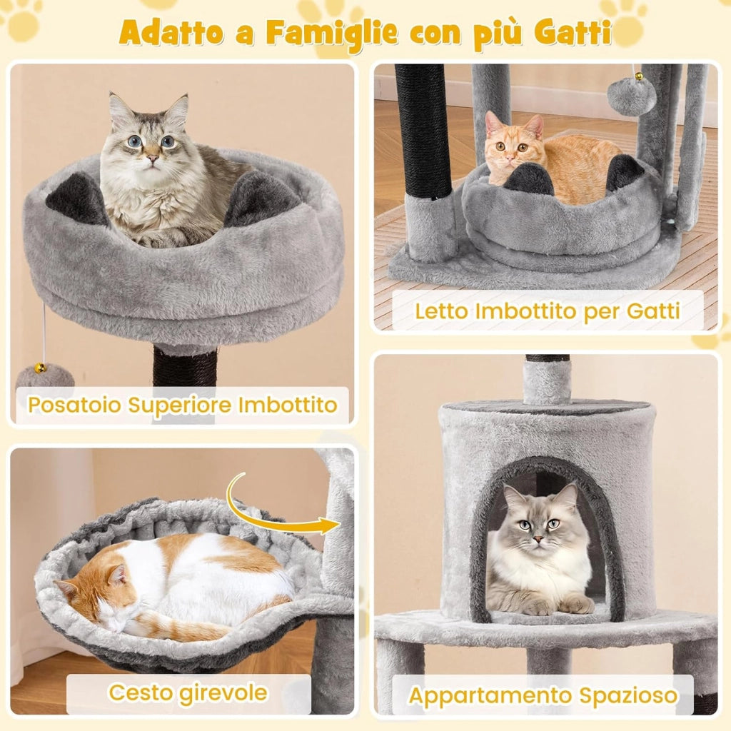 Tiragraffi per Gatti Alto 144 cm, Albero Tiragraffi Gatto con 3 Pali in Sisal, Amaca, 2 Pompom e Grotta, Cuccia Albero Gatto Imbottito in Peluche con Tavola in Sisal, Grigio
