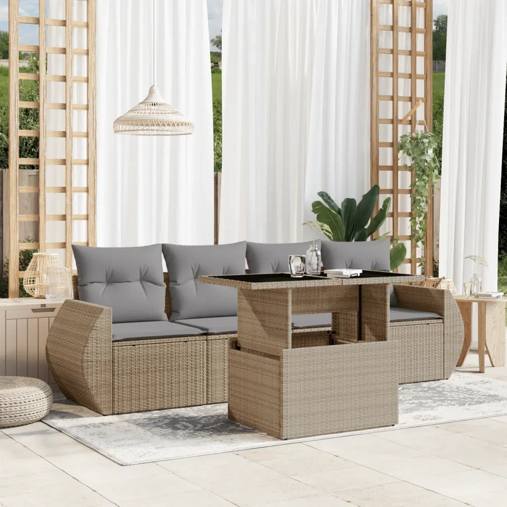 Set Divano da Giardino 5 pz con Cuscini Beige in Polyrattan