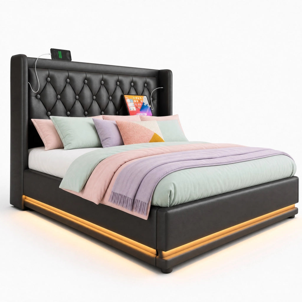 Letto matrimoniale con contenitore, LED e ricarica USB Type-C