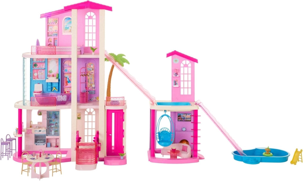 Barbie - Casa dei Sogni, set arredato con 9 aree di gioco e due unita abitative, con 2 piscine, 2 scivoli, ascensore e o