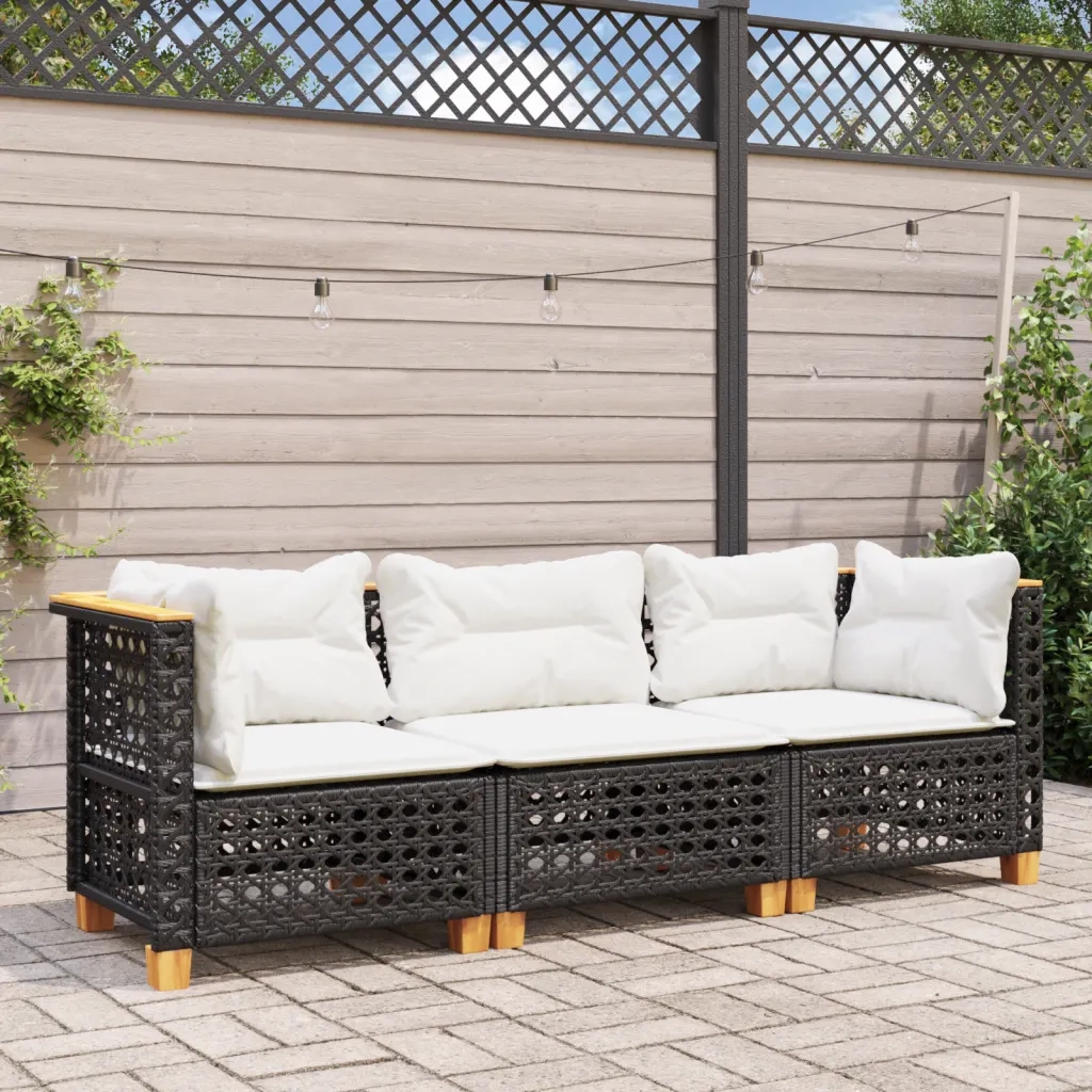 Divano da Giardino a 3 Posti con Cuscini Nero in Polyrattan 365938