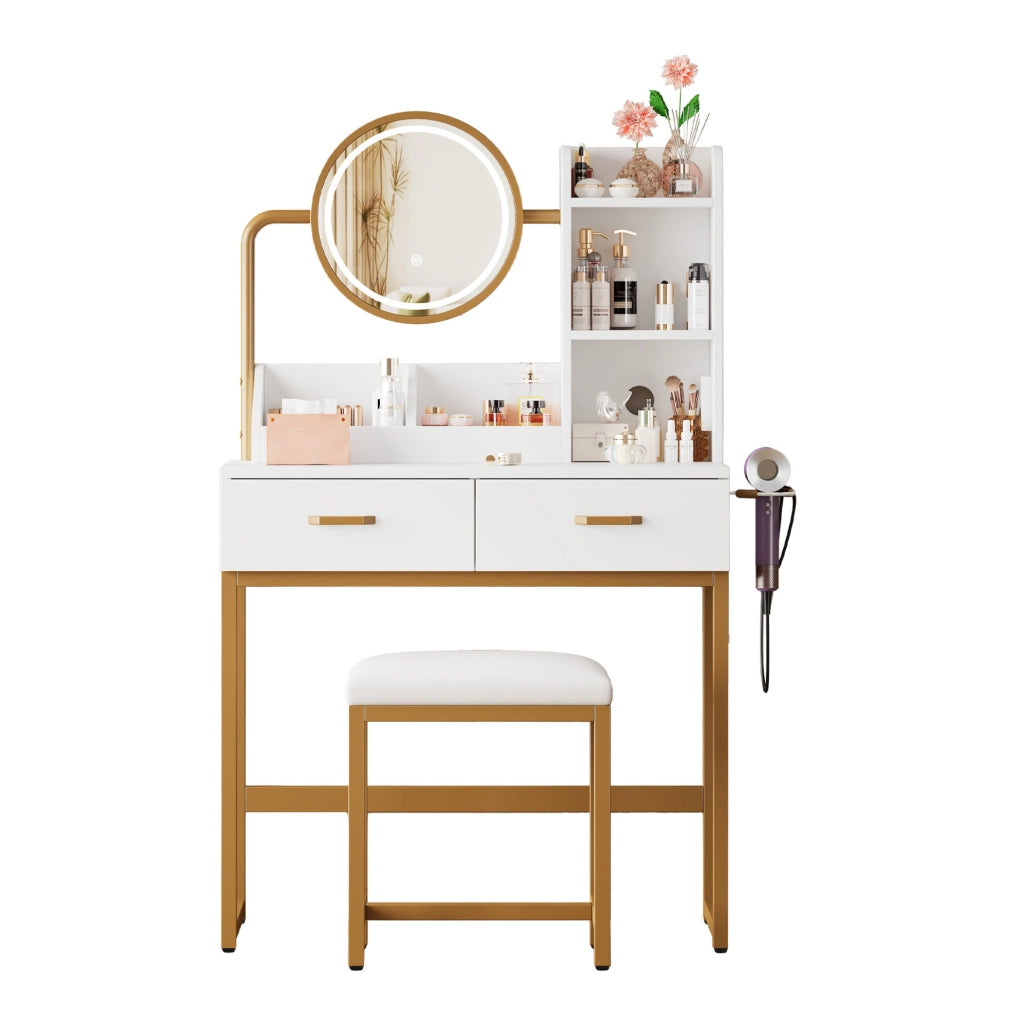 Toeletta bianca e oro con specchio LED, prese USB e sgabello