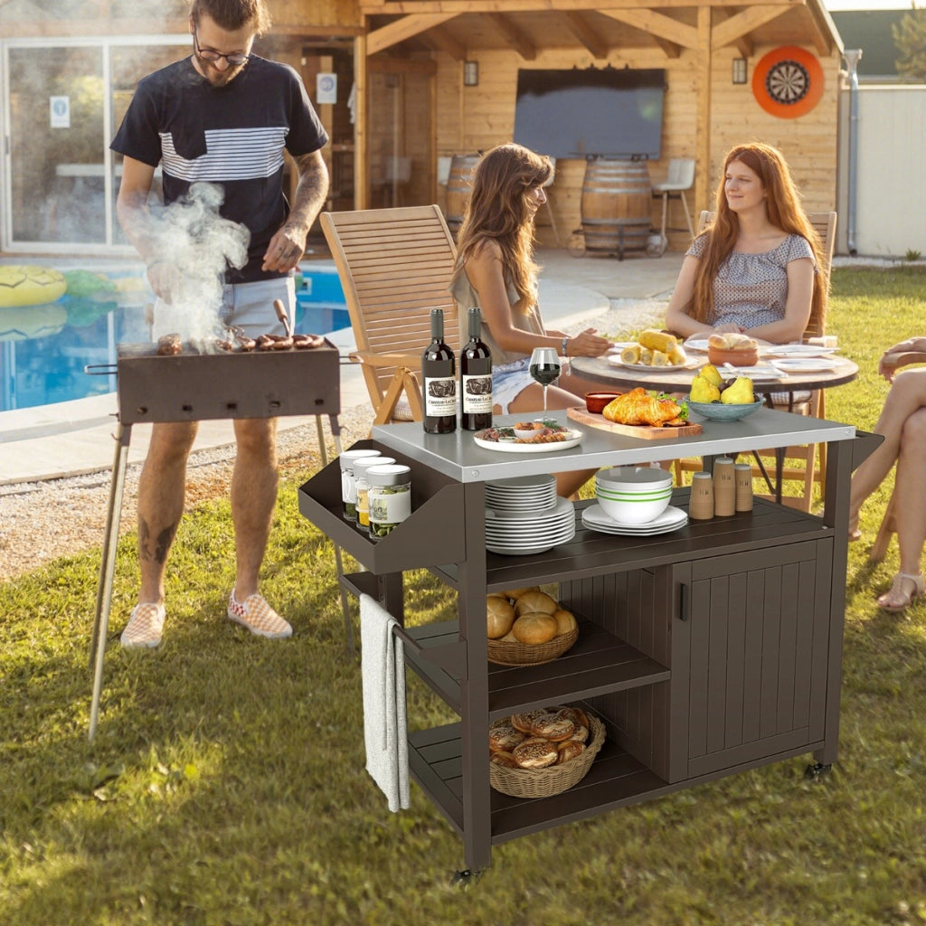 Carrello per grill da esterno con portaspezie per barbecue, Isola da cucina portatile in metallo su ruote-Accessori per barbecue