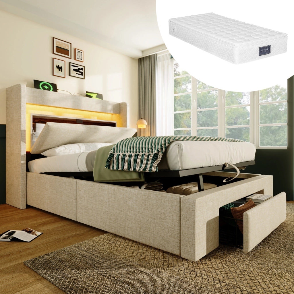 Letto imbottito ULEVR 90x200 cm con contenitore idraulico, cassetto, LED, USB e USB-C, materasso incluso beige