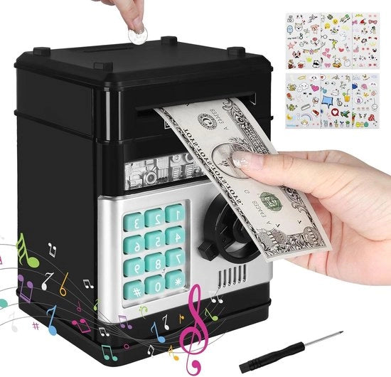 Cassa di risparmio elettronica per bambini con password e adesivi - Regalo per ragazzi e ragazze da 3 a 12 anni (Nero)