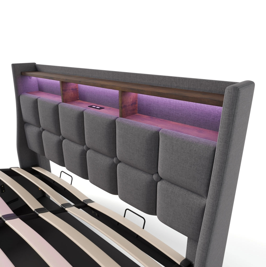 Letto imbottito 180x200 cm con LED, USB e contenitore