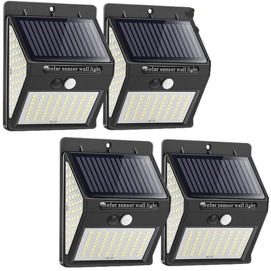 Set di 4 lampade esterne solari con sensore di movimento, 144 LED P65, idonee per giardino.