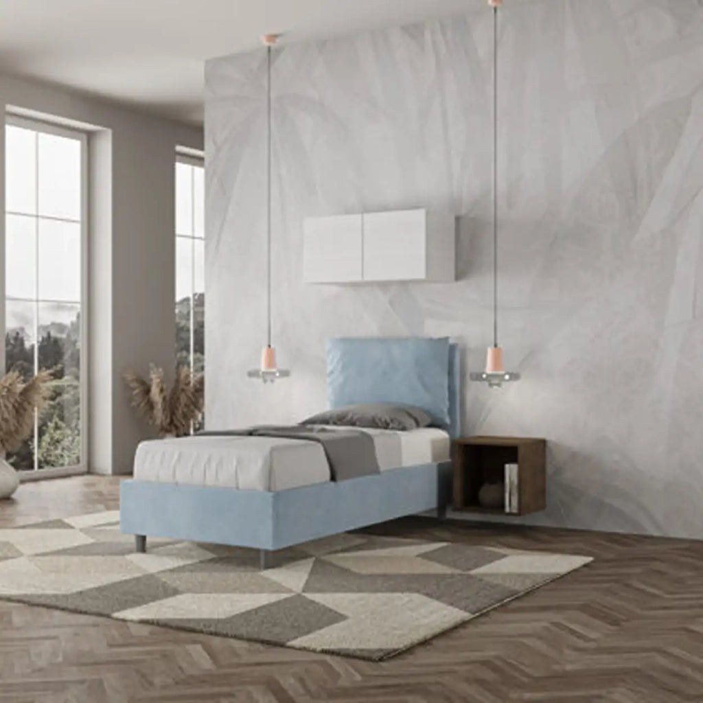 Letto singolo contenitore imbottito 80x190 microfibra azzurro Antea