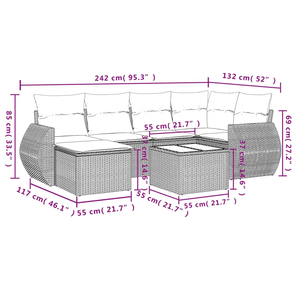Set Divani da Giardino 7 pz con Cuscini Beige in Polyrattan