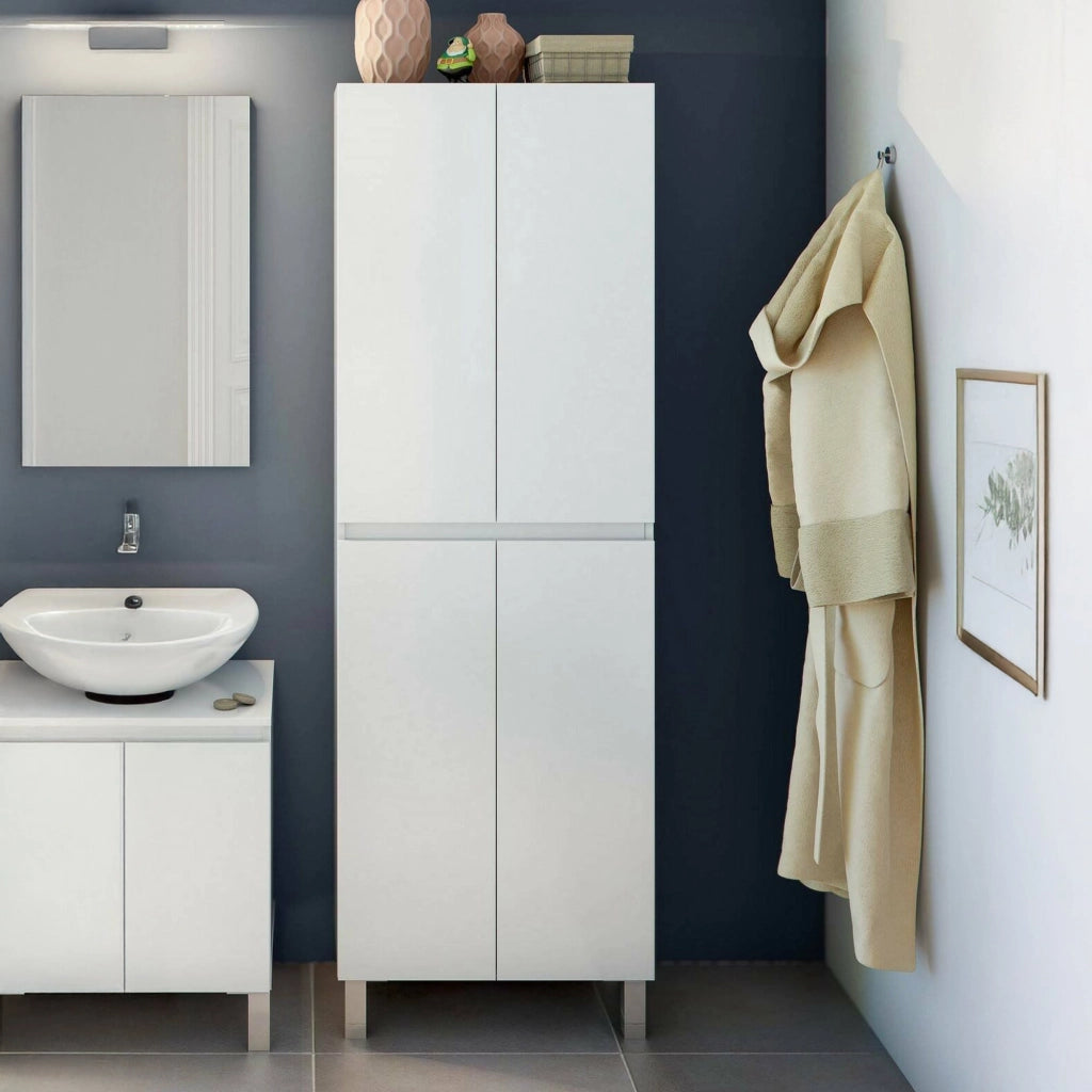 Mobile colonna Fabian, Pensile bagno o cucina, Armadio alto multifunzione, Mobiletto multiuso, 60x35 h182 cm, Bianco lucido