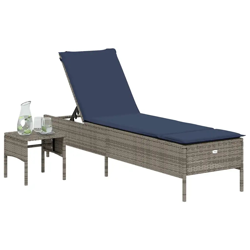 Lettino prendisole con Tavolino e Cuscino in Polyrattan Grigio 4002734