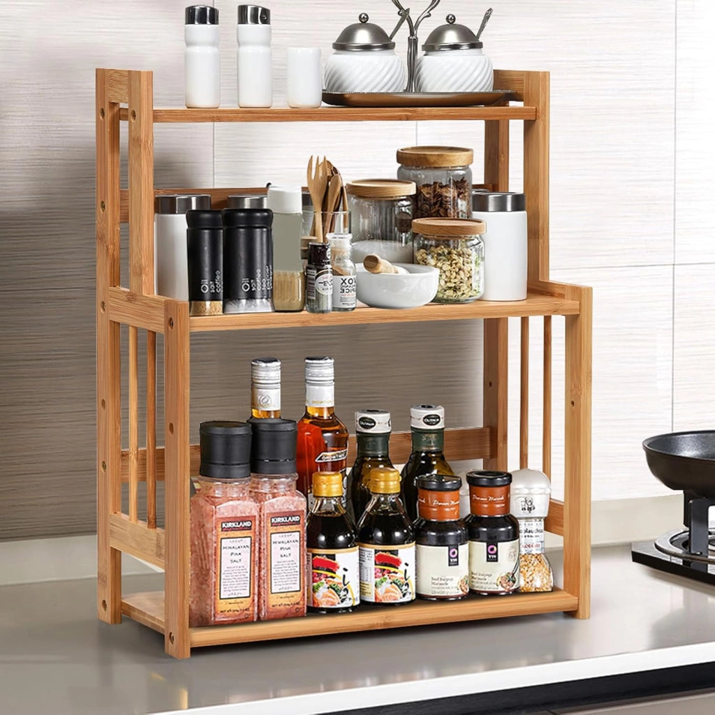 Porta Spezie a 3 Ripiani, Portaspezie Mensola per Cucina Bagno e Toletta, Organizzatore Supporto Porta Spezie in Legno bambù, Carico 20kg, 50 x 41,5 x 18 cm