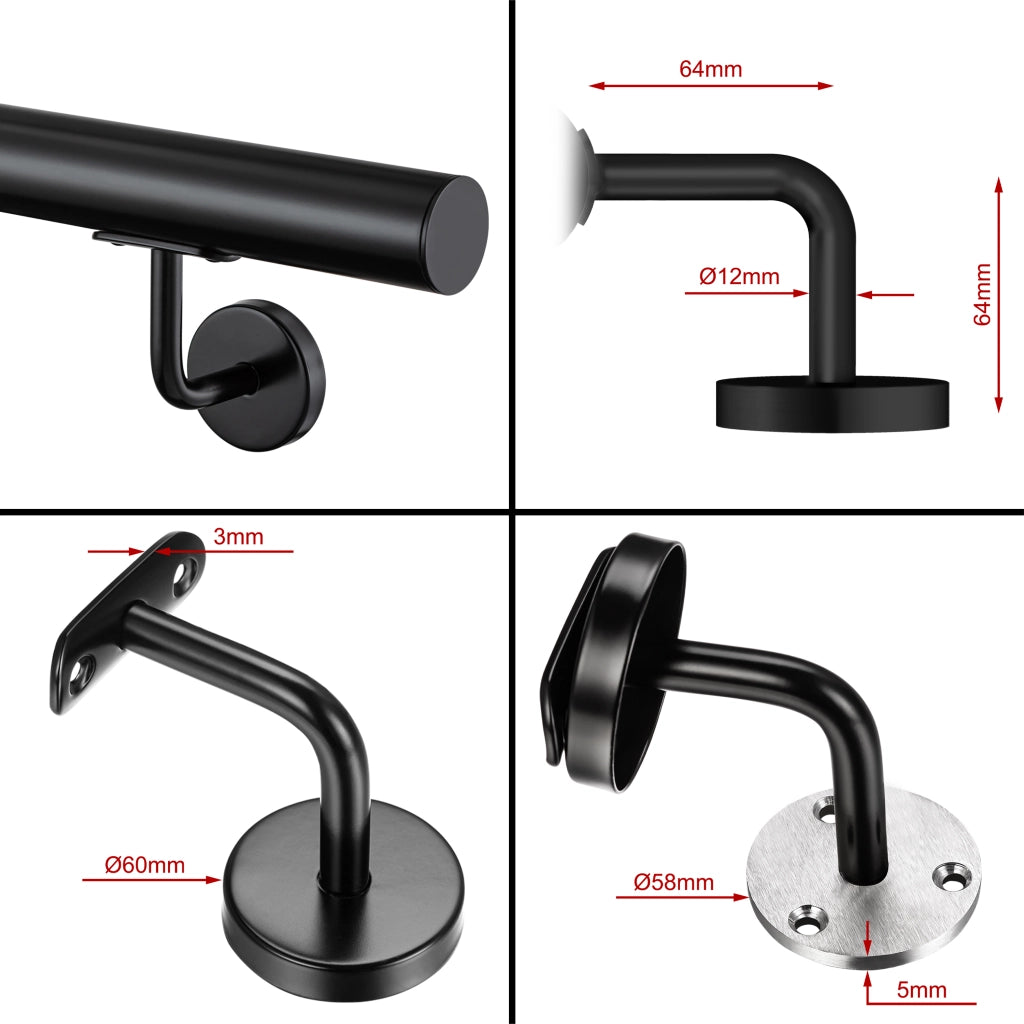 Corrimano a parete in acciaio kit inox AISI 304 nero , Lunghezza 150 cm, Ø 42,4 mm, uso interno ed esterno