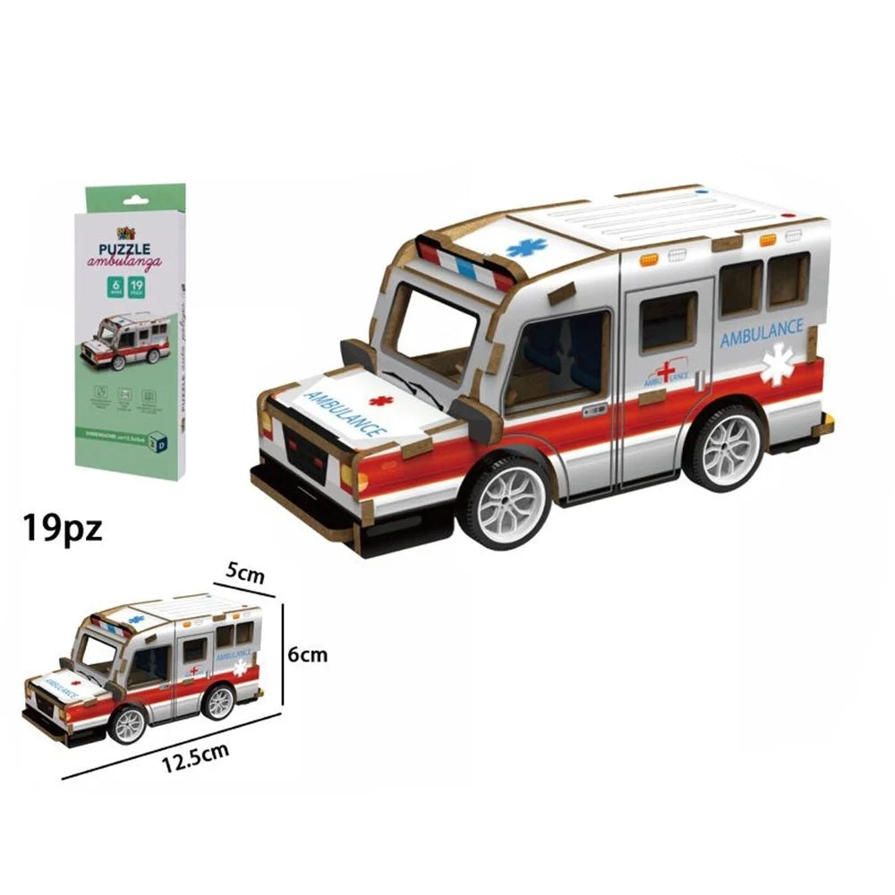 Trade Shop - Puzzle 3d Modellino Giocattolo In Legno Da 19 Pz Da Assemblare Modello Ambulanza 32385 -