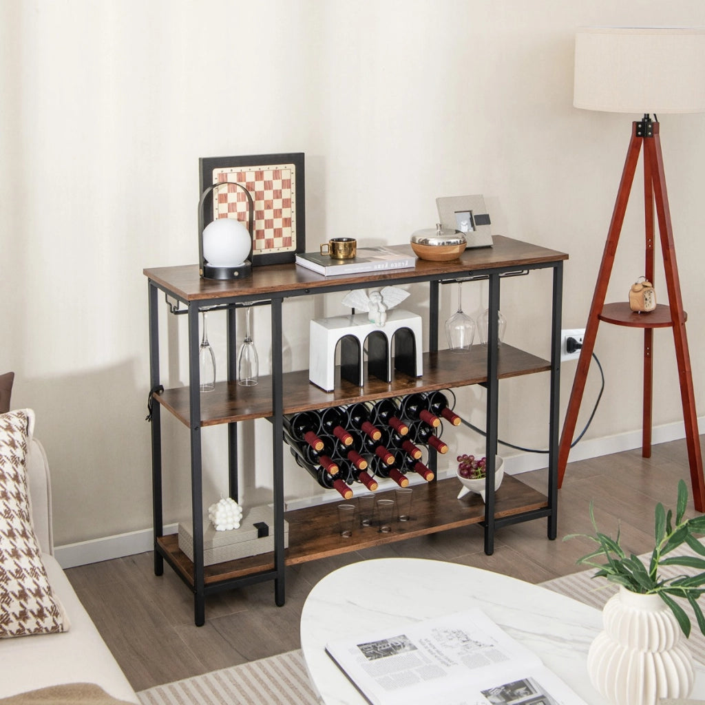 Mobile bar vino con 3 ripiani porta calici porte USB e prese struttura in metallo, Portabottiglie industriale Marrone