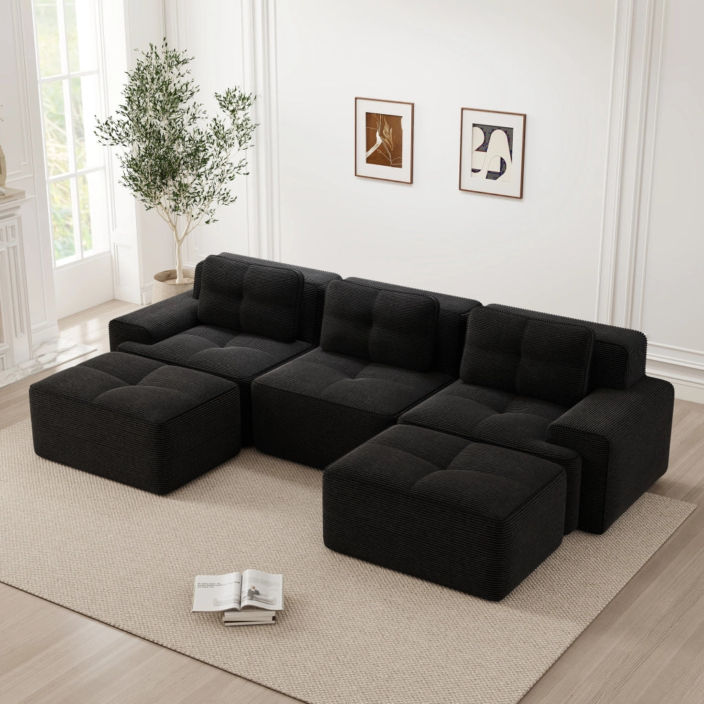 Divano Modulare 3 Posti con Ottoman ¨C Xylo ¨C Velluto a Coste, Nero, Angolare