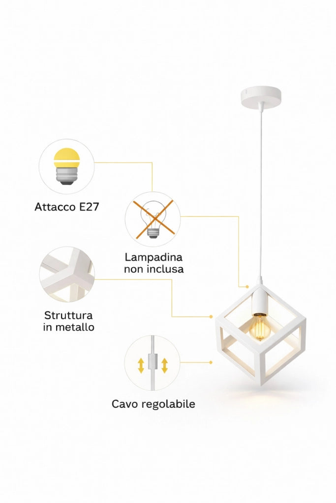 Lampadario Cubo Geometrico a Sospensione Bianco Attacco E27 Lampada Industrial Moderna Metallo per Cucina Tavolo Soggiorno Ristorante