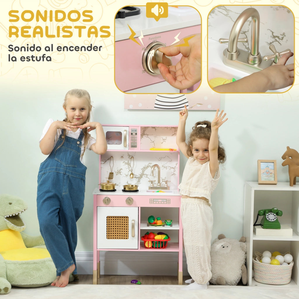 Cucina Giocattolo in Legno con Accessori Acciaio Inossidabile e Suono ¨C Minimal ¨C Rosa