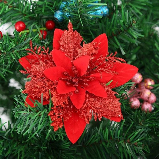 Decorazioni di Natale a forma di fiore di poinsettia, 10 pezzi, con clip in plastica, dimensioni circa 14 cm.