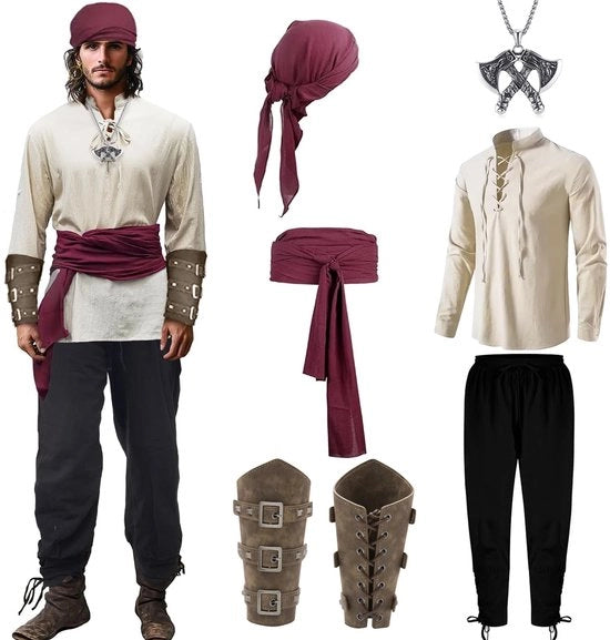 Costume Pirata Uomo - Set Completo - Maglia/Pantaloni - Cintura/Protettori Polsi - Carnevale/Cosplay - Materiali di Alta Qualità - Adattamento Flessibile della Misura - Costume Medievale