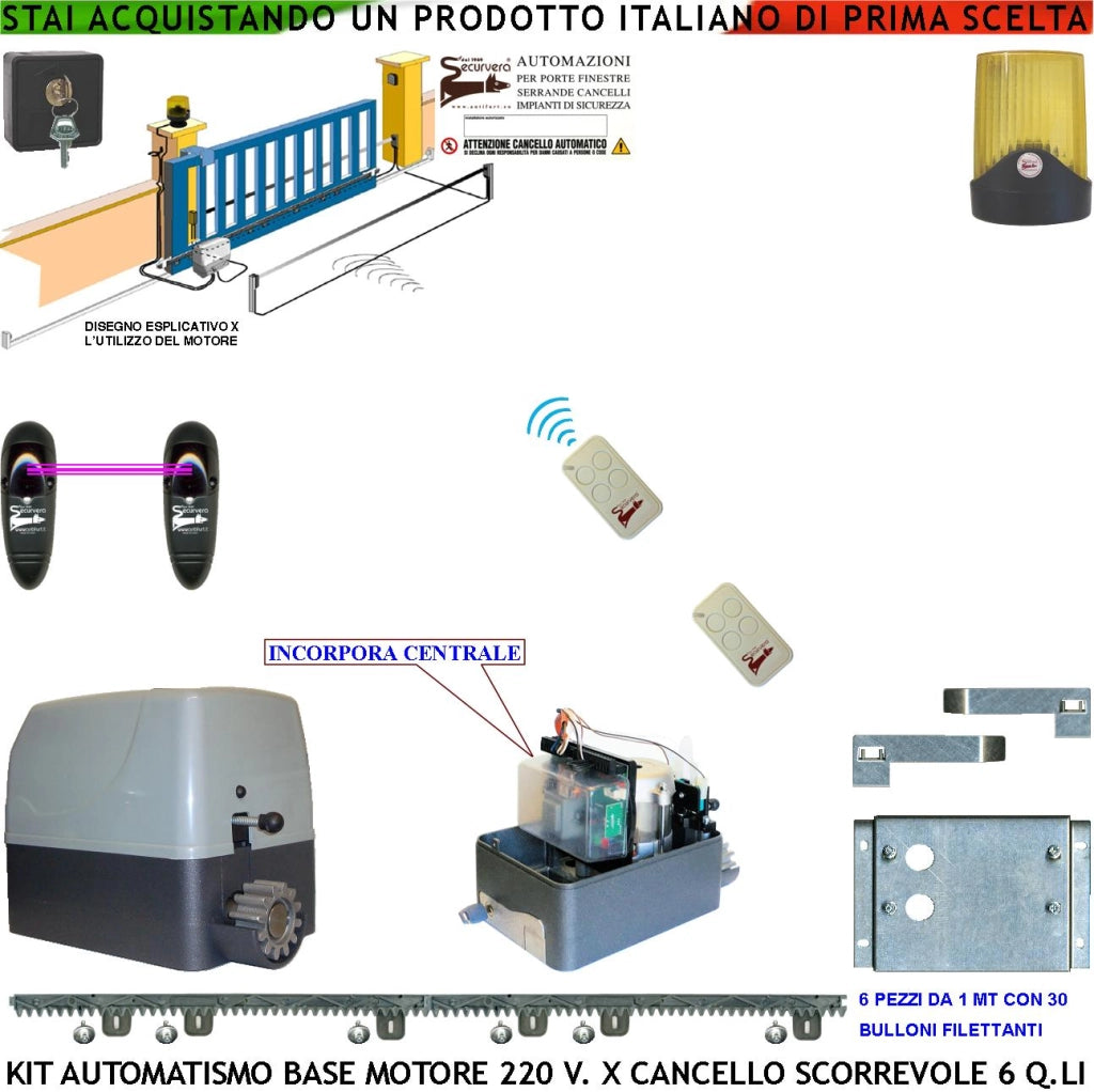 KIT AUTOMAZIONE CANCELLO SCORREVOLE 6 Q.LI MOTORE 220 V 6 METRI CREMAGLIERE 2 TELECOMANDI FARO SELETTORE FOTOCELLULE