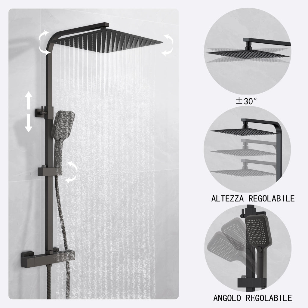 AICAIT Colonna doccia Termostatica, set doccia multifunzione con soffione quadrato 30x30cm e doccetta a 3 getti, nero