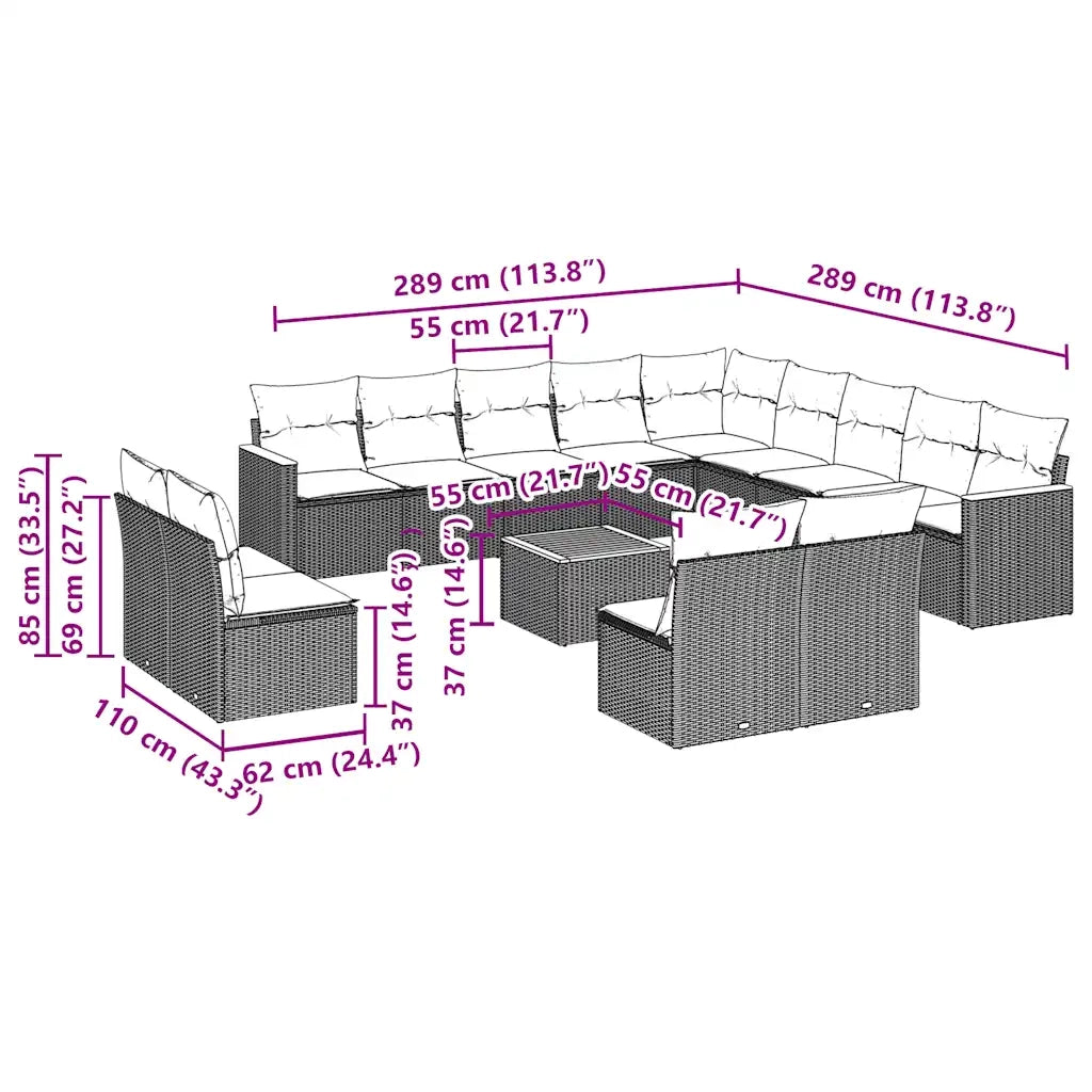 Set Divani da Giardino 14pz con Cuscini in Polyrattan Nero