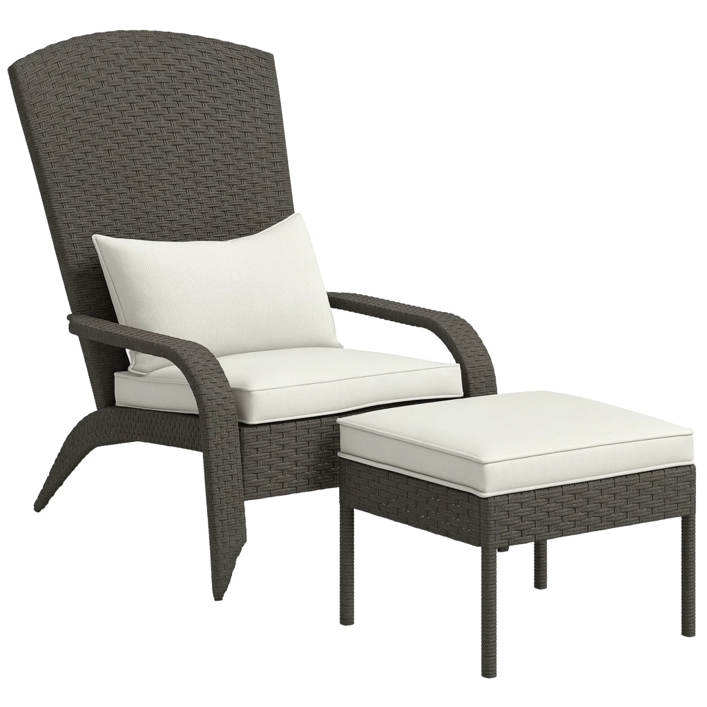 Sedia da Giardino con Poggiapiedi e Cuscini ¨C Minimal ¨C Rattan e Acciaio, Grigio e Crema, 64x82x89 cm