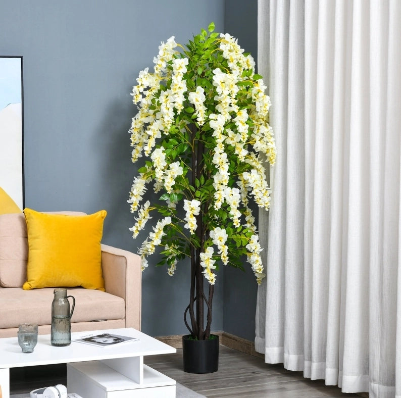 Plante Artificiale Glycine Bianca 165 cm in Plastica con Vaso, Interno Esterno