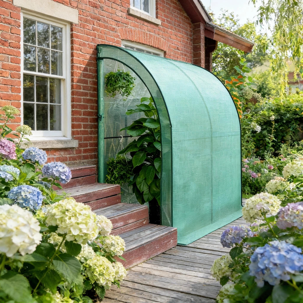 Serra a tunnel addossata con 2 porte, copertura in polietilene resistente ai raggi UV, verde 200 × 100 × 210 cm