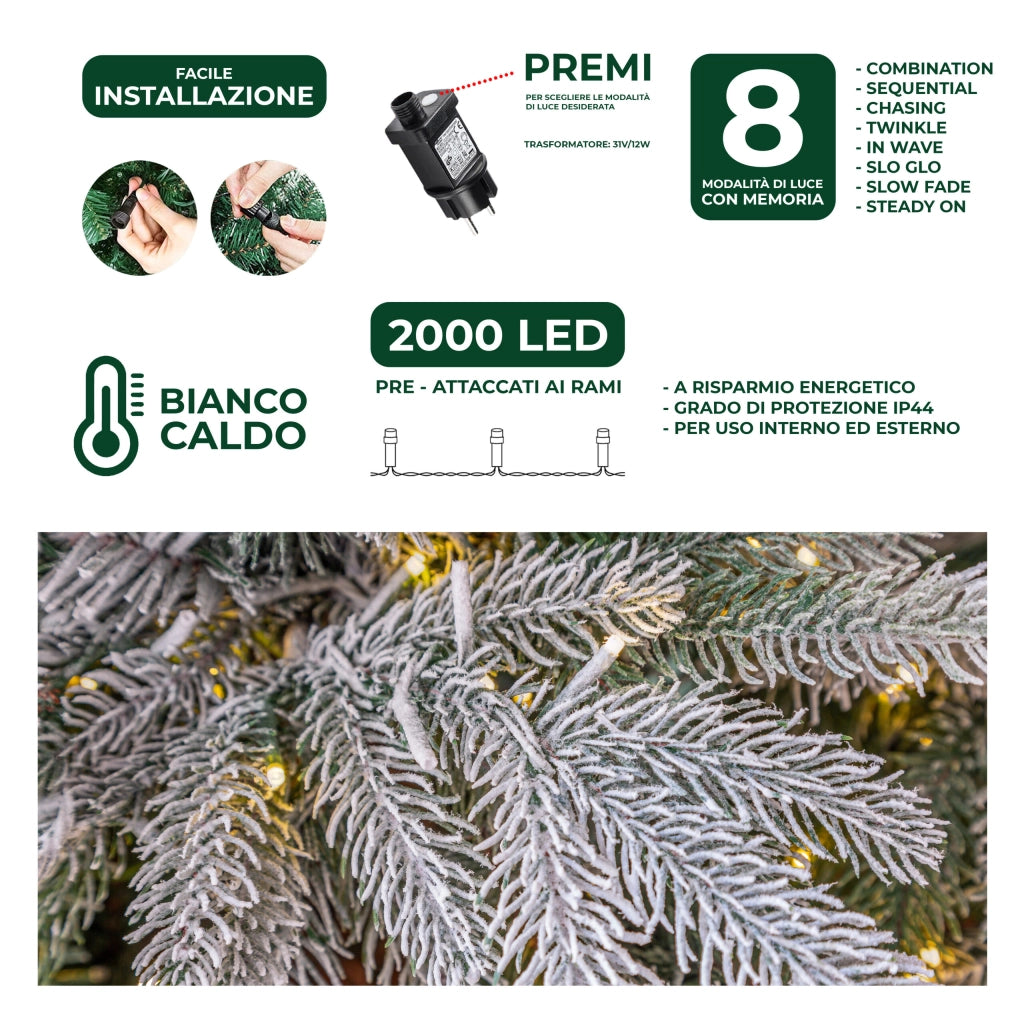 Albero di Natale Pino Verde Innevato Le Stelle St. Moritz H 180cm x L 130cm Super Folto Effetto Real-Touch con 2000 Luci Led Incorporate 1958 Rami