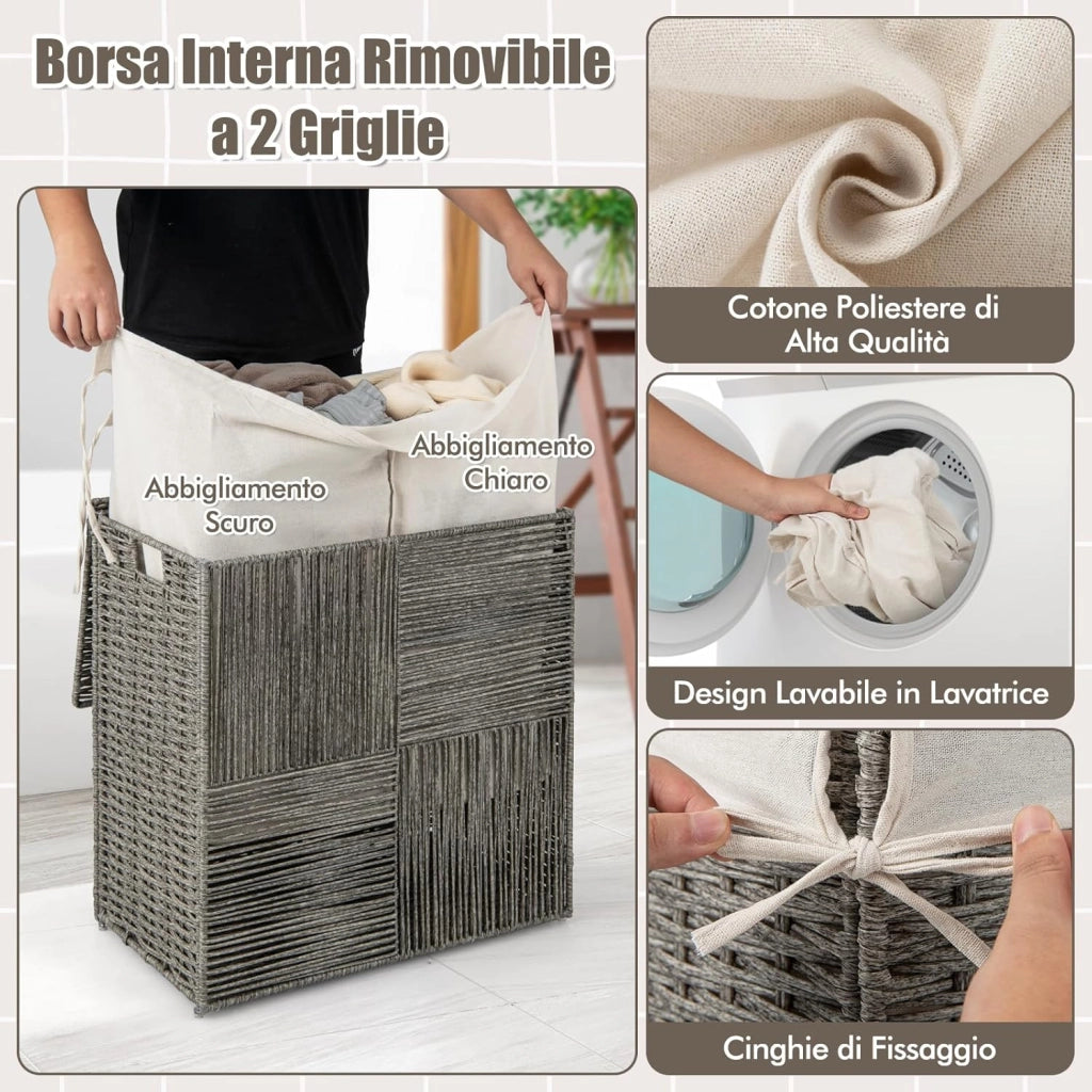 110 L Cesto Portabiancheria con Coperchio, Cesto per Bucato in Rattan con Comode Maniglie e Sacchetto Interno Rimovibile, per Camera da Letto Lavanderia Bagno, 27 x 33 x 62 cm