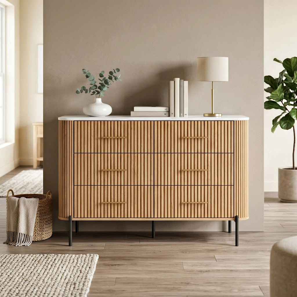 Cassettiera Kokunse Comò a 6 Cassetti 120x42x78 cm Effetto Rovere / Effetto Marmo Bianco [en.casa]
