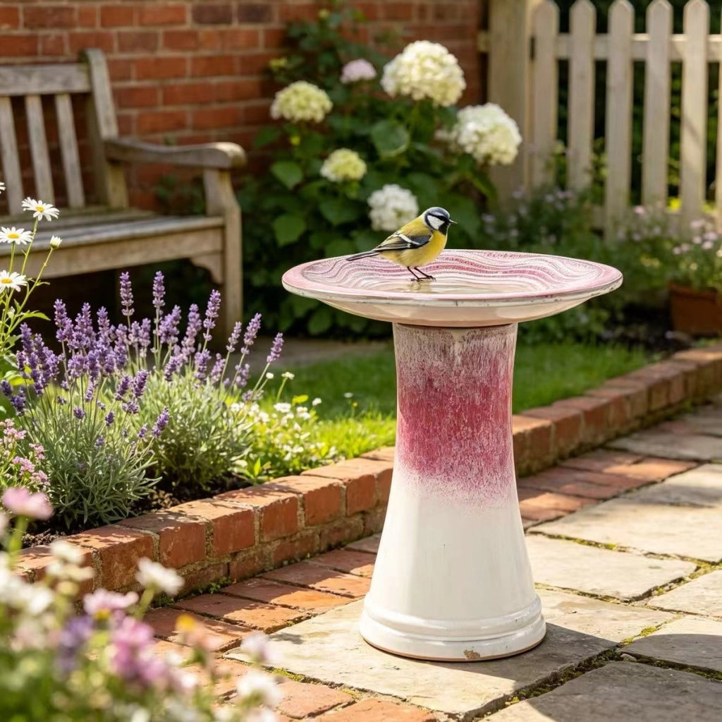 Bagnetto per uccelli in ceramica fatta a mano con ciotola ampia e base alta bianca e rosa Ø 43 cm per giardino