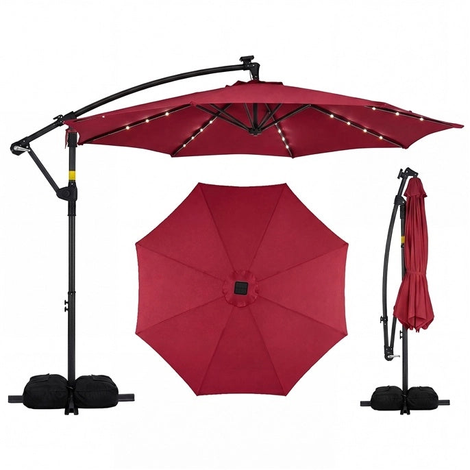 Ombrellone da giardino a manovella da 3 m da esterno con 8 stecche, Base a croce e sacco di sabbi per giardino terrazzo Rosso Bordeaux