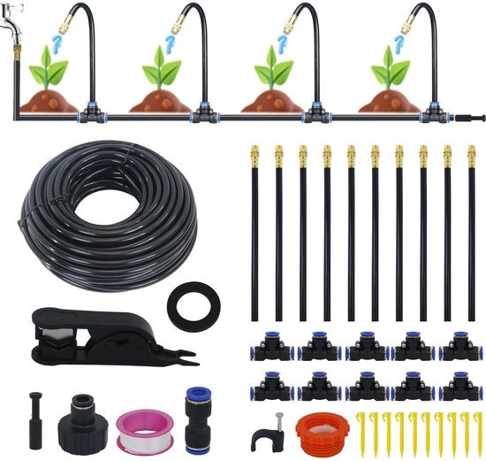 Impianto di irrigazione a gocce tutto in uno - 15 m tubo di distribuzione - 15 sprinkler regolabili in rame - sistema di irrigazione automatico - irrigazione a 360° - stabiili supporti di fissaggio