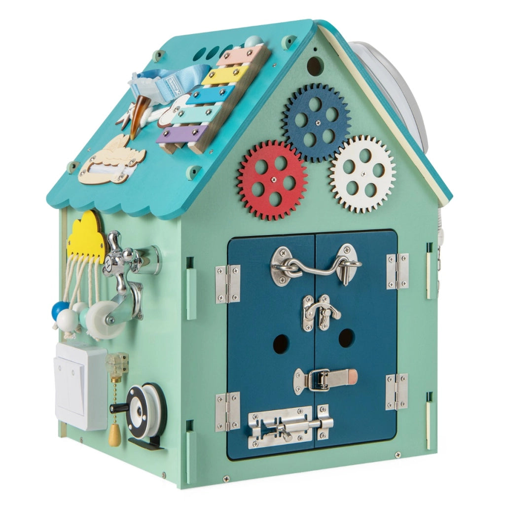 Casa giocattolo in legno degli ingranaggi, Montessori con giochi sensoriali e spazio interno per bambini Blu-Case e cucine giocattoli