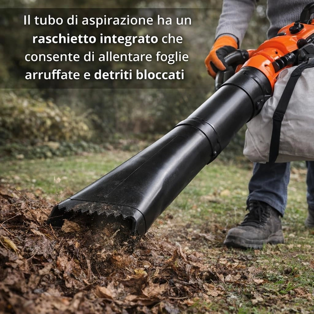 Soffiatore a Scoppio 2 Tempi 25,4 cc, con funzione Aspiratore, Compatto e Leggero, Doppio Tubo Incluso, Sacco Raccolta 50L Omaggio, Kit Accessori e Manutenzione, Ideale per Foglie e Giardino.