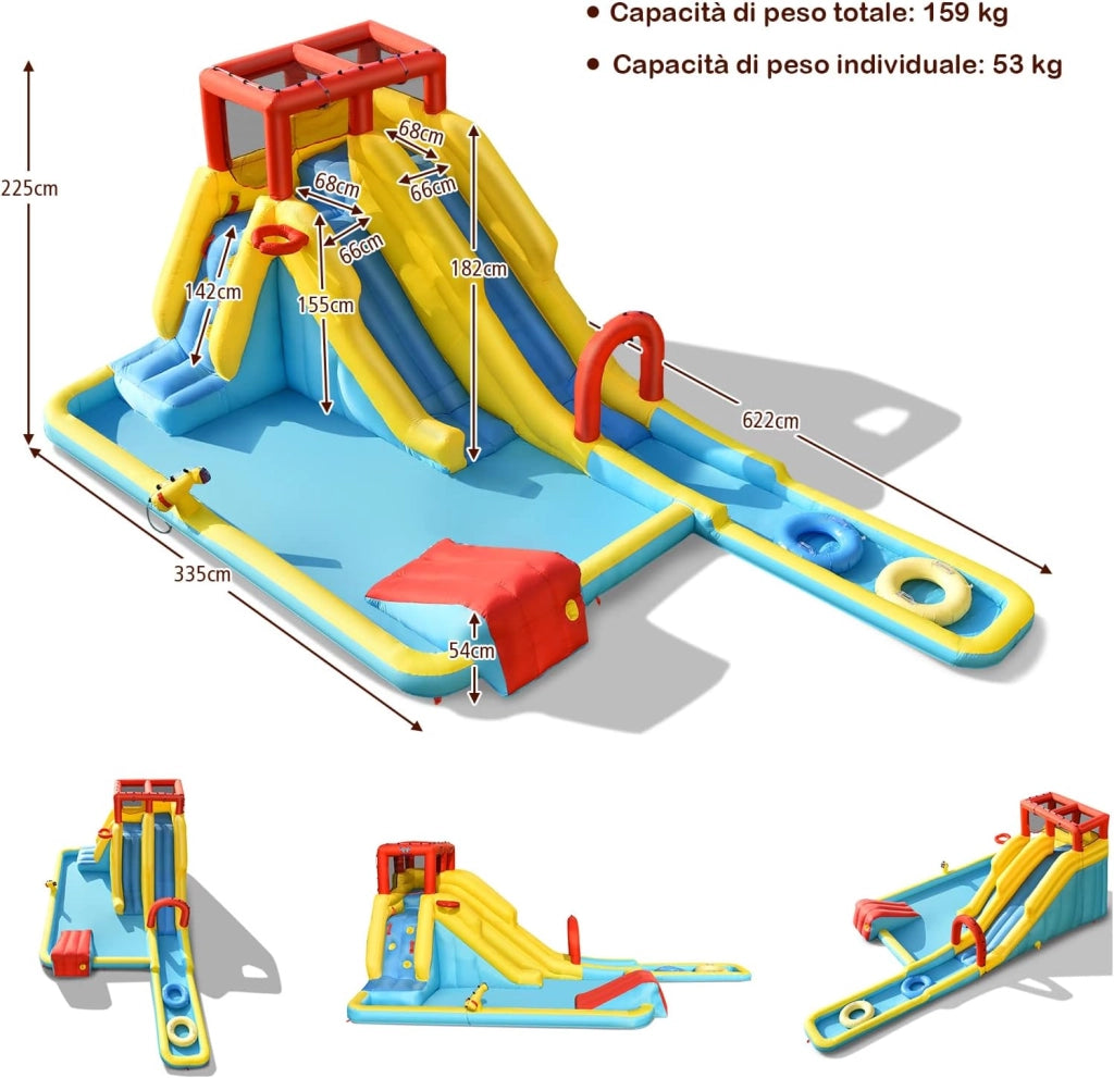 Castello Gonfiabile 8 in 1 per Bambini, con 2 Scivoli, Cannone ad Acqua, Parete di Arrampicata, con Borsa di Trasporto e Kit di Riparazione, per 3 Bambini di 3-10 Anni, 622 x 335 x 225 cm