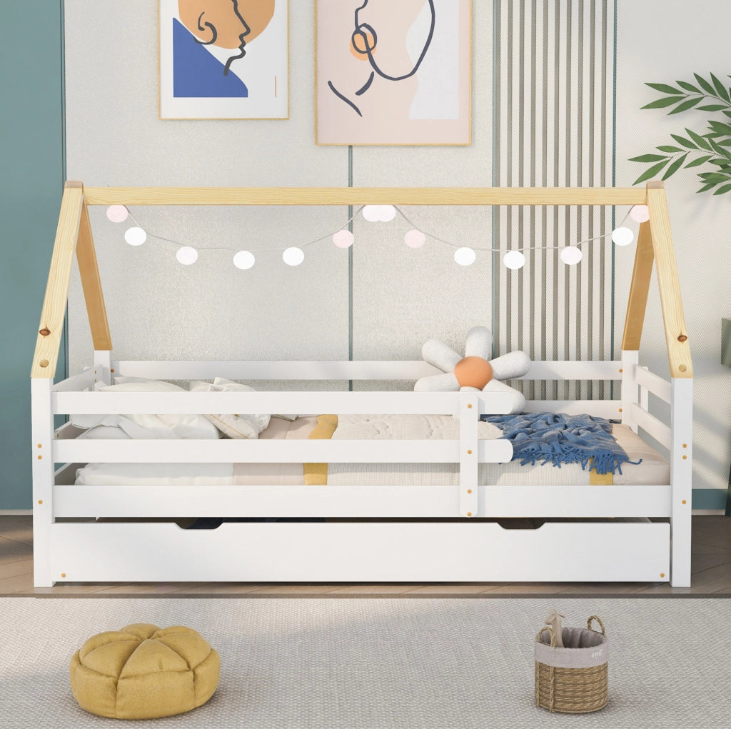 LETTO A CASETTA CON LETTINO ESTRAIBILE 90x200 cm Legno Bianco/Naturale