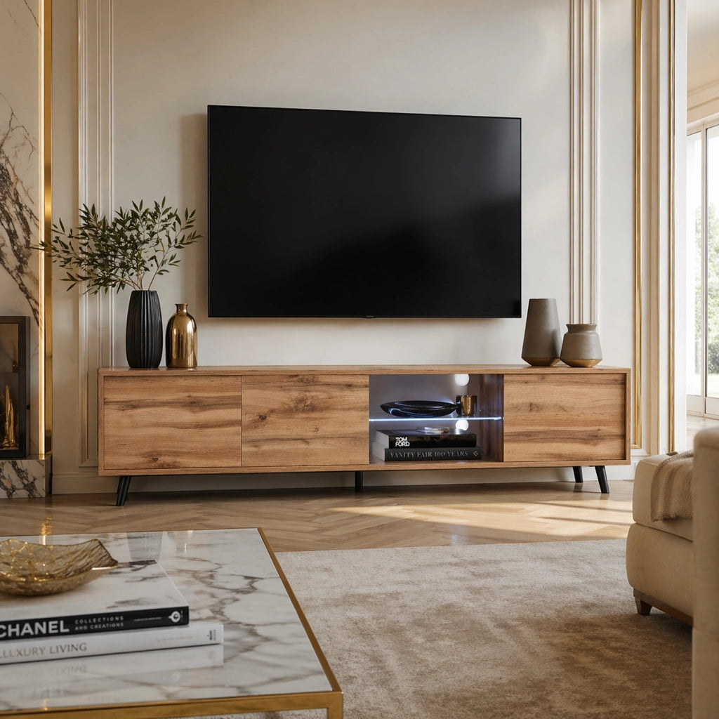 Porta Televisore Mobile TV Con 3 Ante Battenti Vano Centrale Ripiano In Vetro E LED In Melaminico Piedini In Metallo Per Soggiorno Salotto Zona Living 175 x 40 x 31.5 cm Rovere